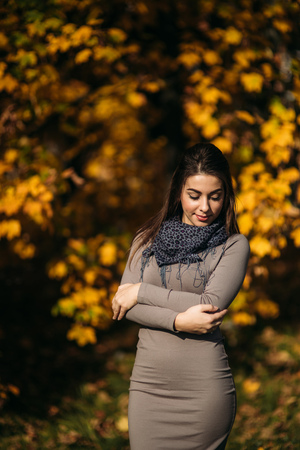 Beautiful happy smiling girl wearing long dress and autumn scarf standing in forest surrounded by yellow treesの写真素材