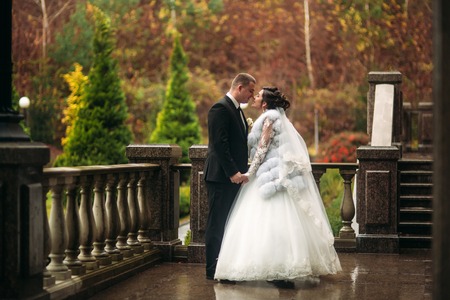 Happy couple walking in their wedding day. Big park with big castle. Autumn weather and colorfull backgroundの写真素材