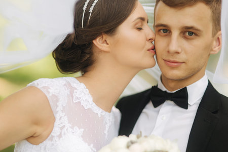 Portrait groom and bride. Wedding day. Just married. Happy coupleの写真素材