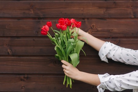 Wamans hand hold a red flowers on wooden background. Bouquet of tulipsの写真素材