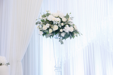 Wedding bouquet in restaurant on the tableの写真素材