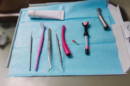 Dentist tools on the table in the clinicの写真素材