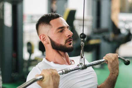 A young athlete trains in the gym. Male trains the muscles of the back and chest