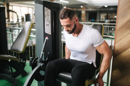 Man trains legs in gym. Handsome bearded bodybuilder training