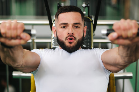 A young athlete trains in the gym. Bodybuilder trains the muscules of the chest