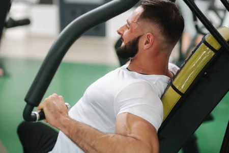 A young athlete trains in the gym. Bodybuilder trains the muscules of the chest