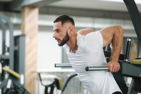 Man warm up in the gym. Handsome bearded man trains