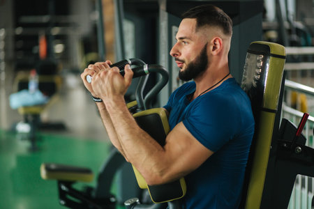 A young athlete trains in the gym. Bodybuilder trains the muscules of the chest