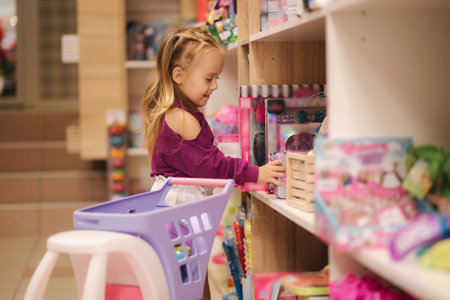 Little girl with small shopping cart in kids mall. Happy girl choosing what to buy in toy storeの写真素材