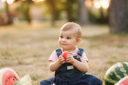 Portrait of beautiful baby girl eating watermelon. Child eating watermelon in the garden. Adorable...