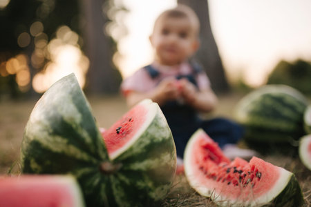 Cute little baby girl laughing with watermelons. Girl dressed in denim dress. Summer portrait of...