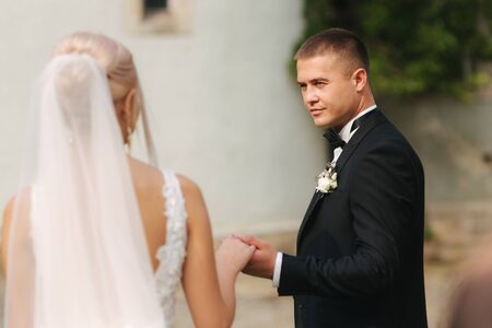 Back view of newlyweds walking in the park. elegant bride and handsome groomの写真素材