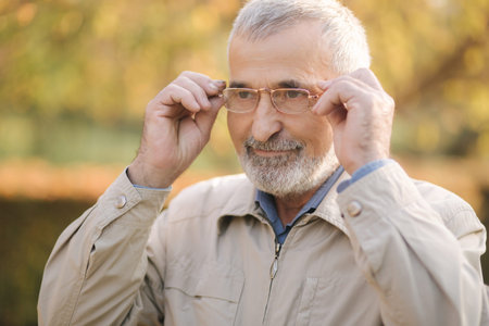 Close up of handsome bearder elderly man put on glasses. Gray haired old man in the park