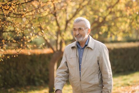 Handsome bearder elderly man put on glasses. Gray haired old man in the parkの写真素材