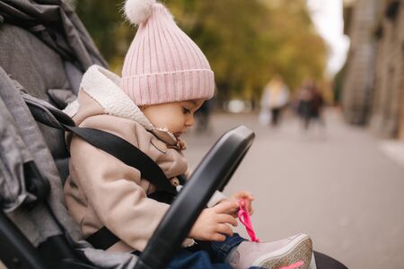 Cute little baby in pram. Adorable baby girl in autumn sitting in her pramの写真素材