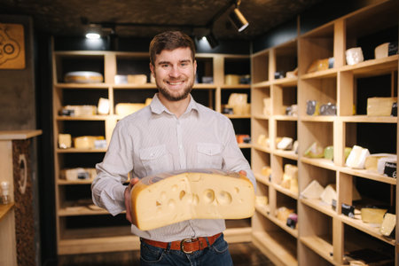Hansome man hold big slice of cheese maasdam in hand. Cheese with big holes. Background of shelves with cheeseの写真素材