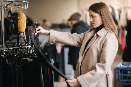Young beautiful woman looking for new jeans in clothing store
