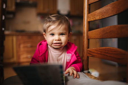 Cute baby girl read book. Happy child at home