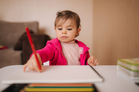 Happy baby girl sit at the table and wthire something. Little girl use pencil for drawing on white...