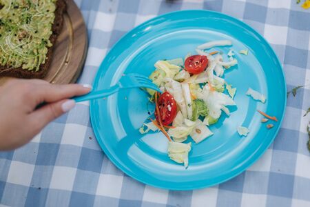 Woman take salad from blue plate on vegan picnic outdoors. Fresh and healthy foodの写真素材