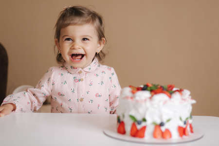 Cute little girl one and a hulf year old stand by delicious birthday cake. Eighteen month old girl verry happy and laughsの写真素材