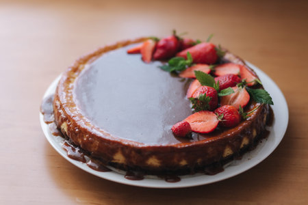 Tasty strawberry tart decorated with mint leaves on wooden table. Caramel glaze on top of tart....