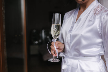 Happy bridal morning with glass of champagne. Tender bride in negligee by windowの写真素材