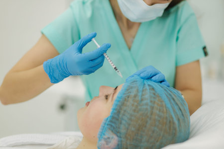 Woman getting injection. Beauty injections and cosmetology in beaty clinic. Cosmetologys in medical...