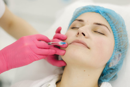 Closeup of beautiful woman gets injection in her lips. In beaty clinic