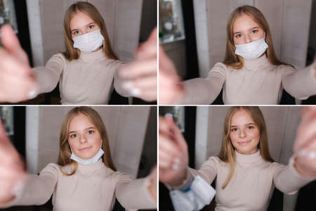 Beautiful blond hair woman making selfie in medical mask on face, open nose, mask on chin and on hand. Woman in beauty studio. Four different photo with protective mask. Collageの写真素材