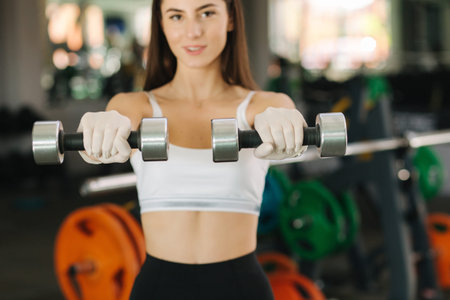 Brunette woman in white gloves hold two dumbbells in hand. Female training in the gym