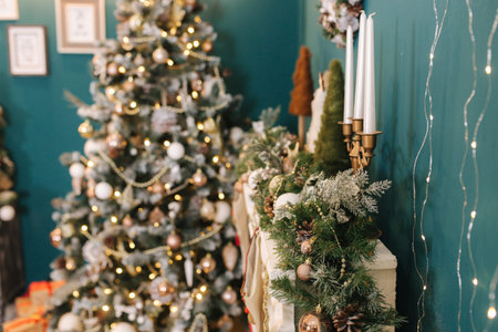 Beautiful holdiay decorated room with Christmas tree and with presents under it. Different elements...