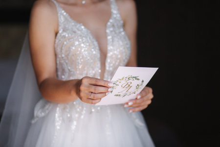 Charming bride read an oath and criesの写真素材