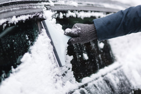 Close up of man is cleaning snowy window on a car with snow scraper. Focus on the scraper. Cold...