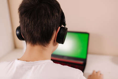 Back view of young boy play game on laptop. Green screen. Steamer in earphones capture video on web camera. Close upの写真素材