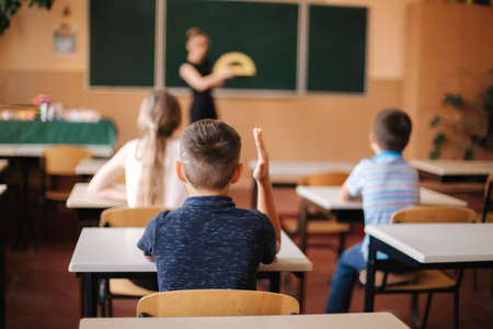 Back view of children sitting in the class room and study. Elementary schoolの写真素材