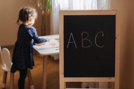 Adorable little girl sitting at the table and play. Cute little kid play and study at home during quarantine. On focus Written letters ABC on black blackboardの写真素材