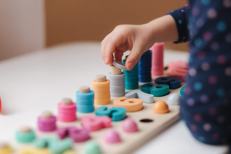 Closeup of kid's hand putting color rings on wooden column. Little girl play in educational game for...