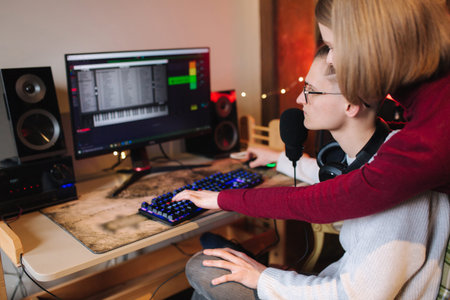 Woman put finger on keyboard and help for man in his work. Process of freelancer working at home....
