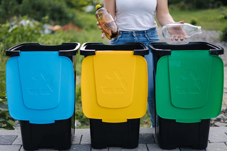 Middle selection of female hold two different bottle, plastic and glass and thowing into different...
