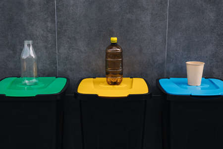 Outdoors in the park is recycling bins different colours. Tree closed plastic bins. Green, yeallow and blue. On top of each bin stand - glass bottle, plastic bottle and cardboard cupの写真素材