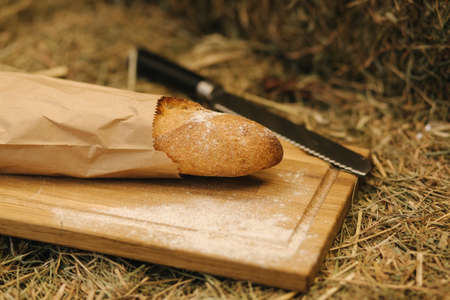 Whole wheat bread baked at home. Wooden board on hay. Bio ingredientsの写真素材