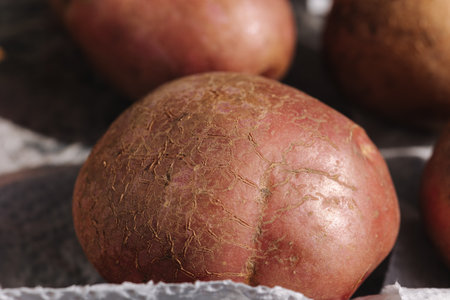 Close up of fresh washed potatoes on sunshine. Macro, Eco vegetablesの写真素材