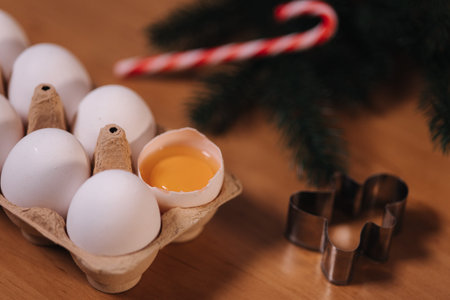 Home bakery, cooking traditional festive sweets. Preparing for making gingerbread dough on wooden...
