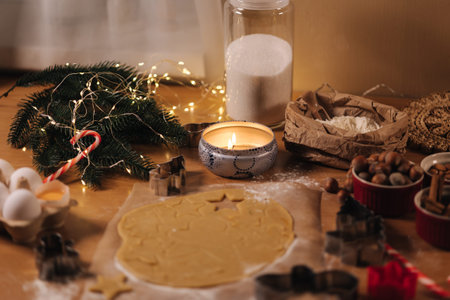 Christmas bakery of gingerbread, cutting cookies of gingerbread dough. Christmas and New Year...