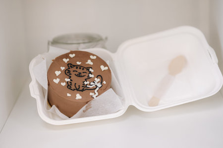 Bento cake with cute picture of cat and white sugar hearts in eco box-packaging with wooden spoon