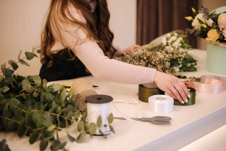 Middle selection of female make bouquet of spring flowersの写真素材