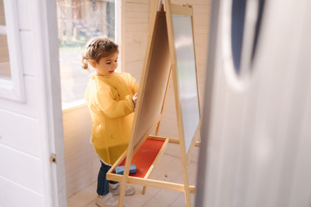 Young artist paints on wooden boards with chalk. Cute girl in yeallow raincoatの写真素材