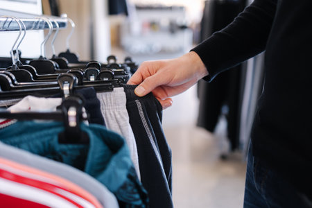 Close-up of human hand take clothes to try on. Male hand take pajamas in clothing storeの写真素材