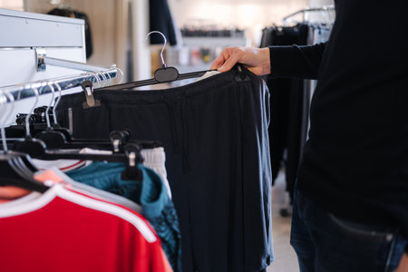 Close-up of human hand take clothes to try on. Male hand take pajamas in clothing storeの写真素材